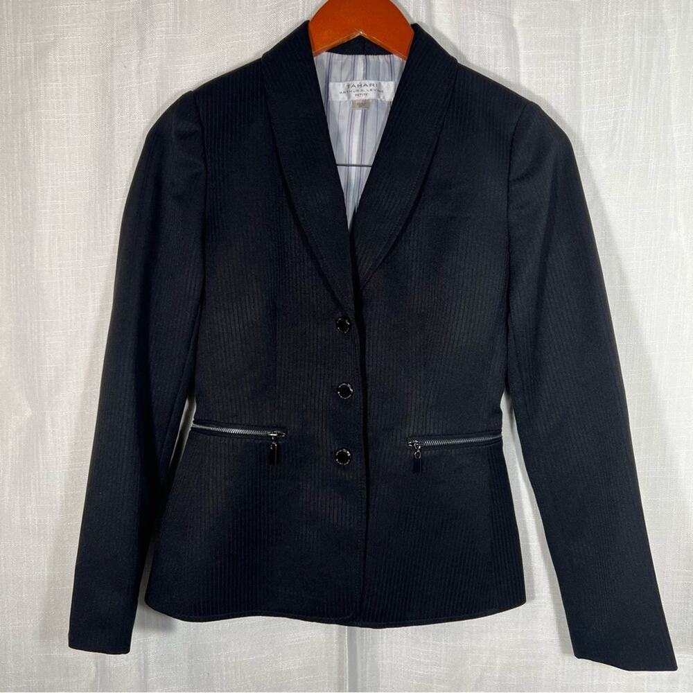 Tahari ASL Black Shadow Striped Button Front Zipper Pocket Blazer Jacket SZ 0P